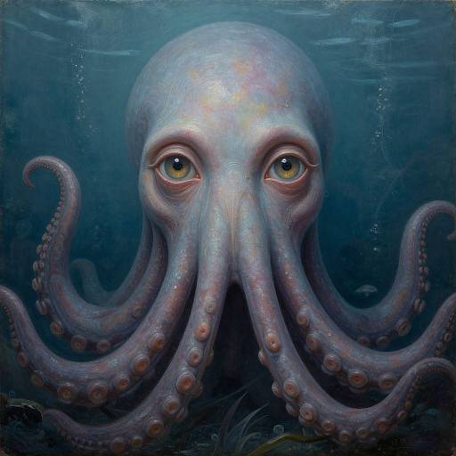 Digital painting of a realistic, blue-toned octopus with large, expressive eyes and detailed tentacles, set against a dark underwater background.