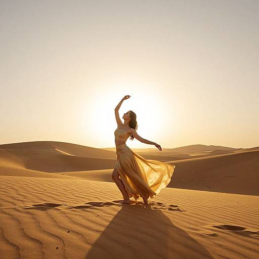 Photograph of a woman in a flowing yellow dress, dancing in a sunlit desert with rippled sand dunes and a bright, golden sunset in