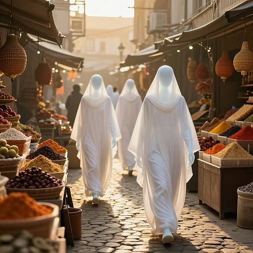 Photograph of three ethereal white-robed ghostly figures walking through a bustling, sunlit market with colorful spices and hanging ornaments.