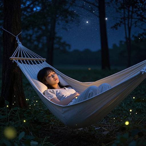 Photograph of a young girl with dark hair in a white dress, sleeping in a white hammock under a starry night sky, surrounded by glowing