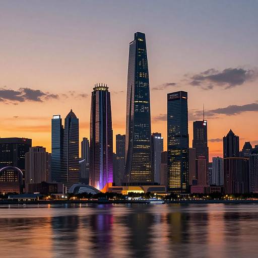 Photograph of a city skyline at sunset with tall skyscrapers, illuminated windows, and a colorful sky reflecting on a calm river.