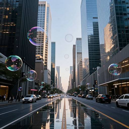 Photograph of a city street at sunset, reflecting skyscrapers, with large, iridescent bubbles floating above wet, shiny pavement.