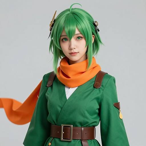 Digital artwork of a young woman with green hair, green kimono, orange scarf, and brown belt, inspired by anime style.