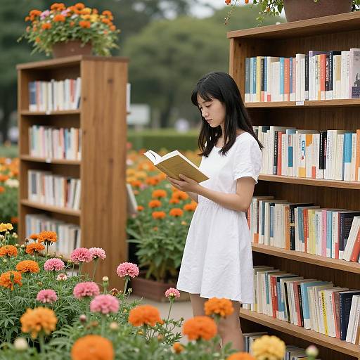 Photograph of an Asian woman with black hair, wearing a white dress, reading a book in a garden library with colorful flowerbeds and wooden book