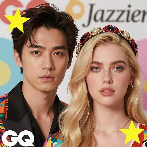 Close-up of Man and Woman with Colorful Patterns