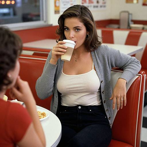 Photograph of a brunette woman with wavy hair, wearing a white tank top, gray cardigan, and black pants, sipping from a coffee