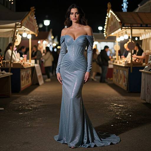 Photograph of a dark-haired woman in a sparkling, off-the-shoulder, blue gown, standing confidently on a nighttime street market, illuminated by