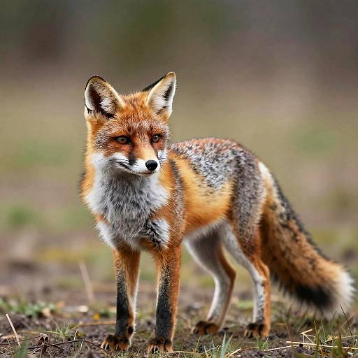 Photograph of a red fox with vivid orange fur, white chest, black legs, and piercing eyes standing in a blurred grassy field.