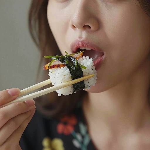 Close-Up Woman Eating Sushi