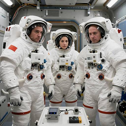 Astronauts Analyzing Equipment in Spacecraft