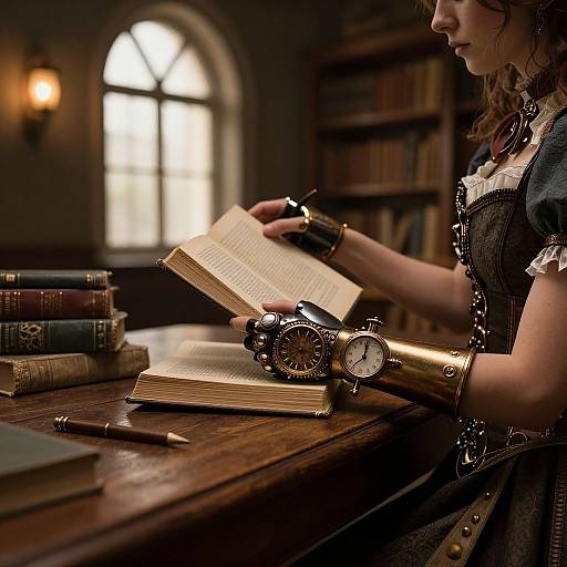Photograph of a woman in vintage attire, reading an open book at a wooden table, with an antique clock and books in a dimly lit library