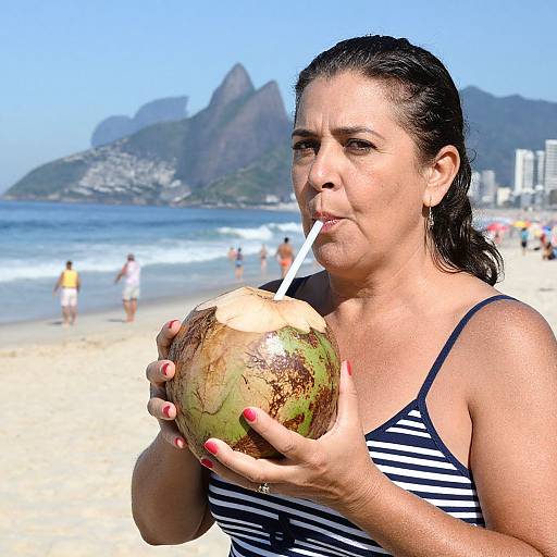 Photograph of a middle-aged woman with wet dark hair, wearing a striped blue top, drinking from a coconut at a sunny beach with mountains and people
