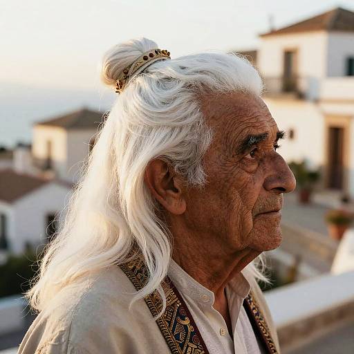 Photograph of an elderly man with long white hair in a bun, wearing a traditional patterned vest, profile view, sunny outdoor setting.