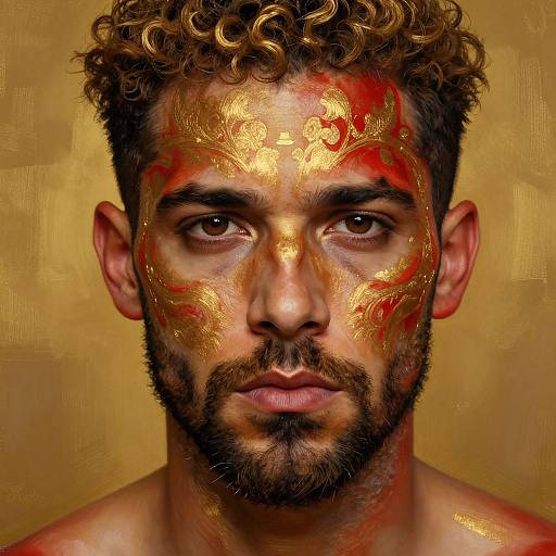 Digital portrait of a bearded, curly-haired man with gold and red ornate face paint, staring intensely against a gold textured background.