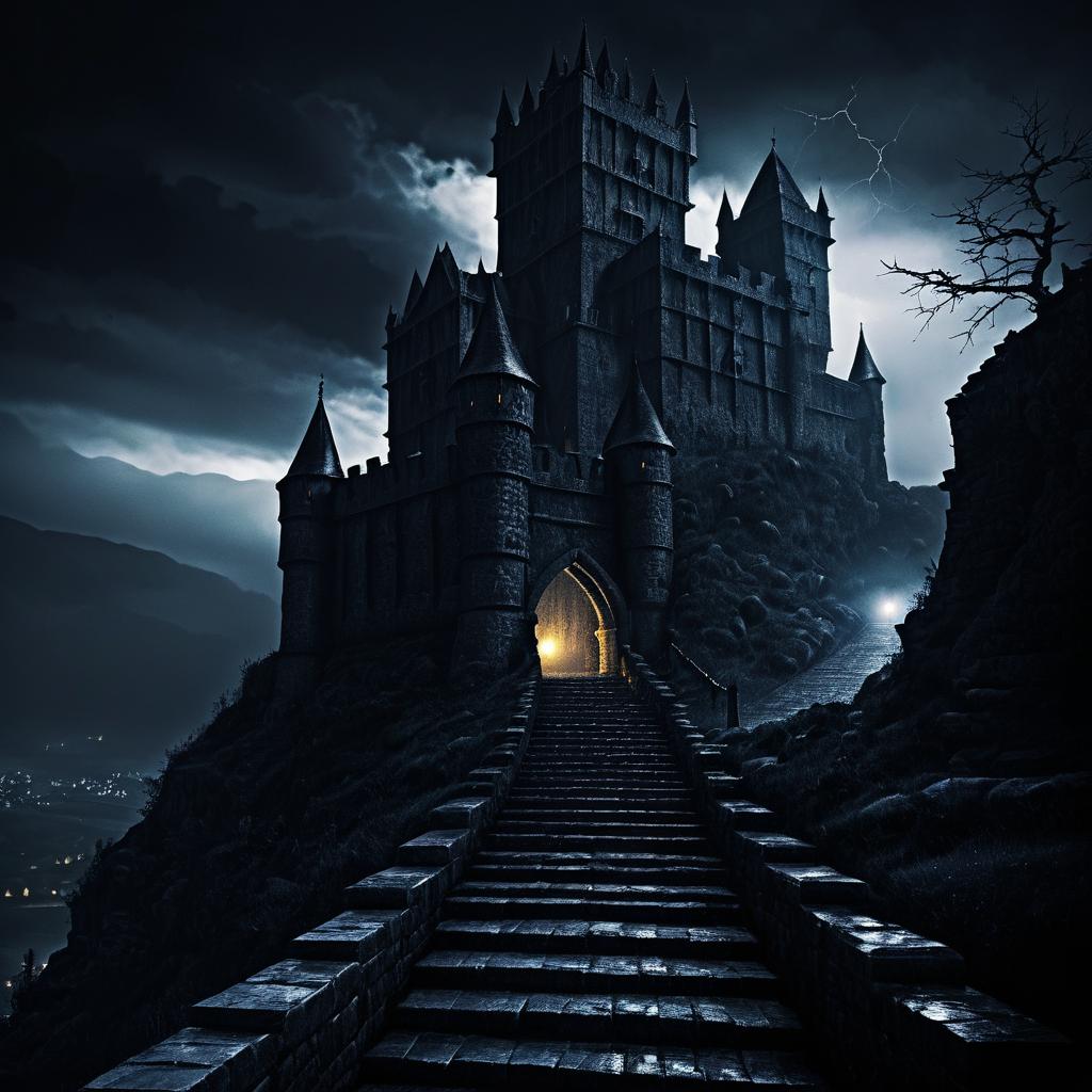 Eerie Gothic Fortress Under Stormy Night