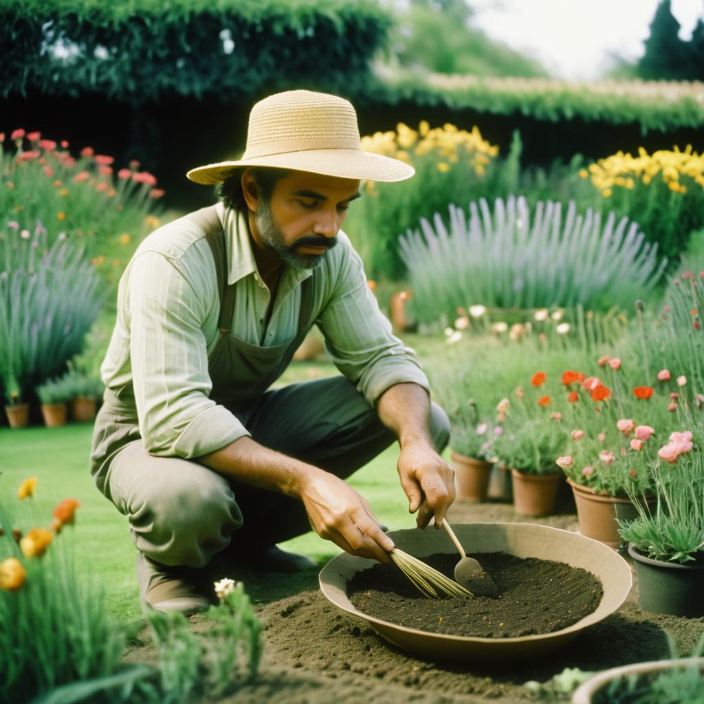 Melancholic Gardener in Blooming Garden