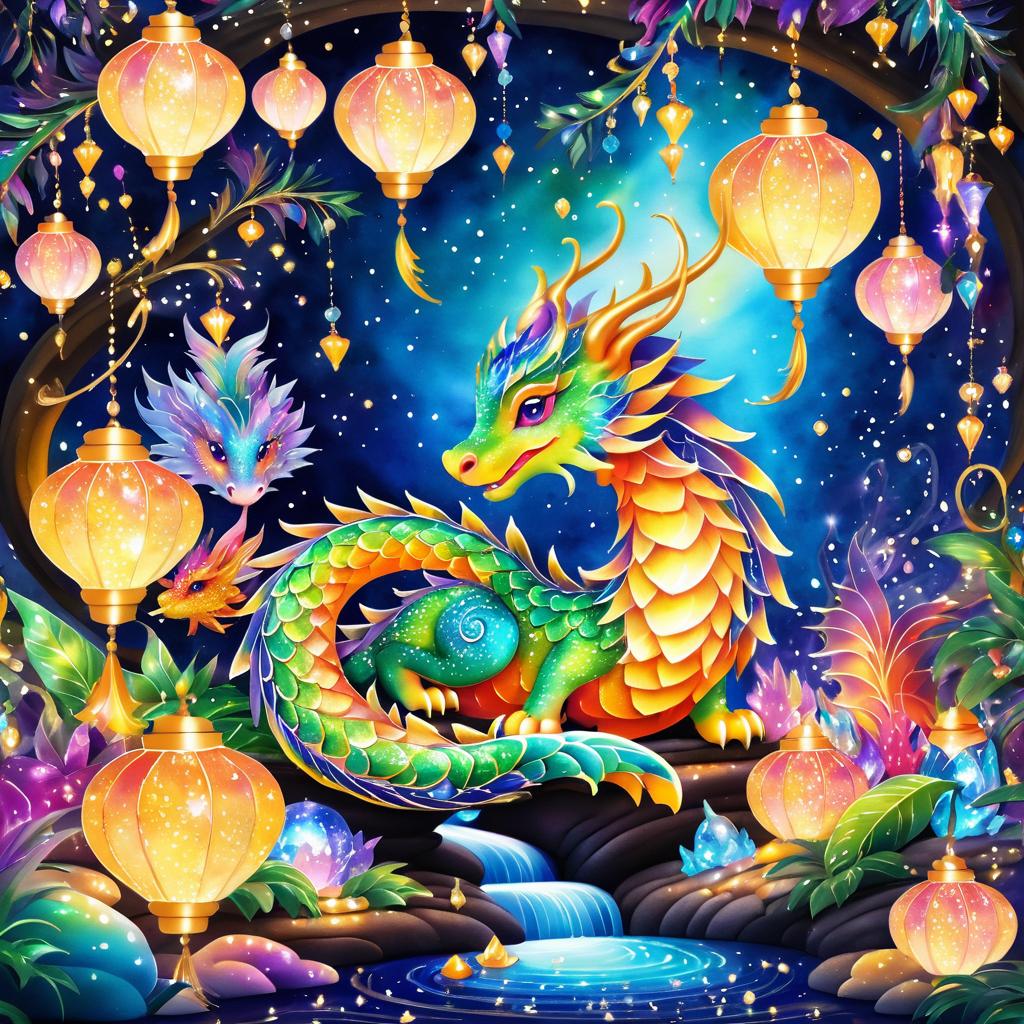 Whimsical Dragon in Glittering Treasure Cave