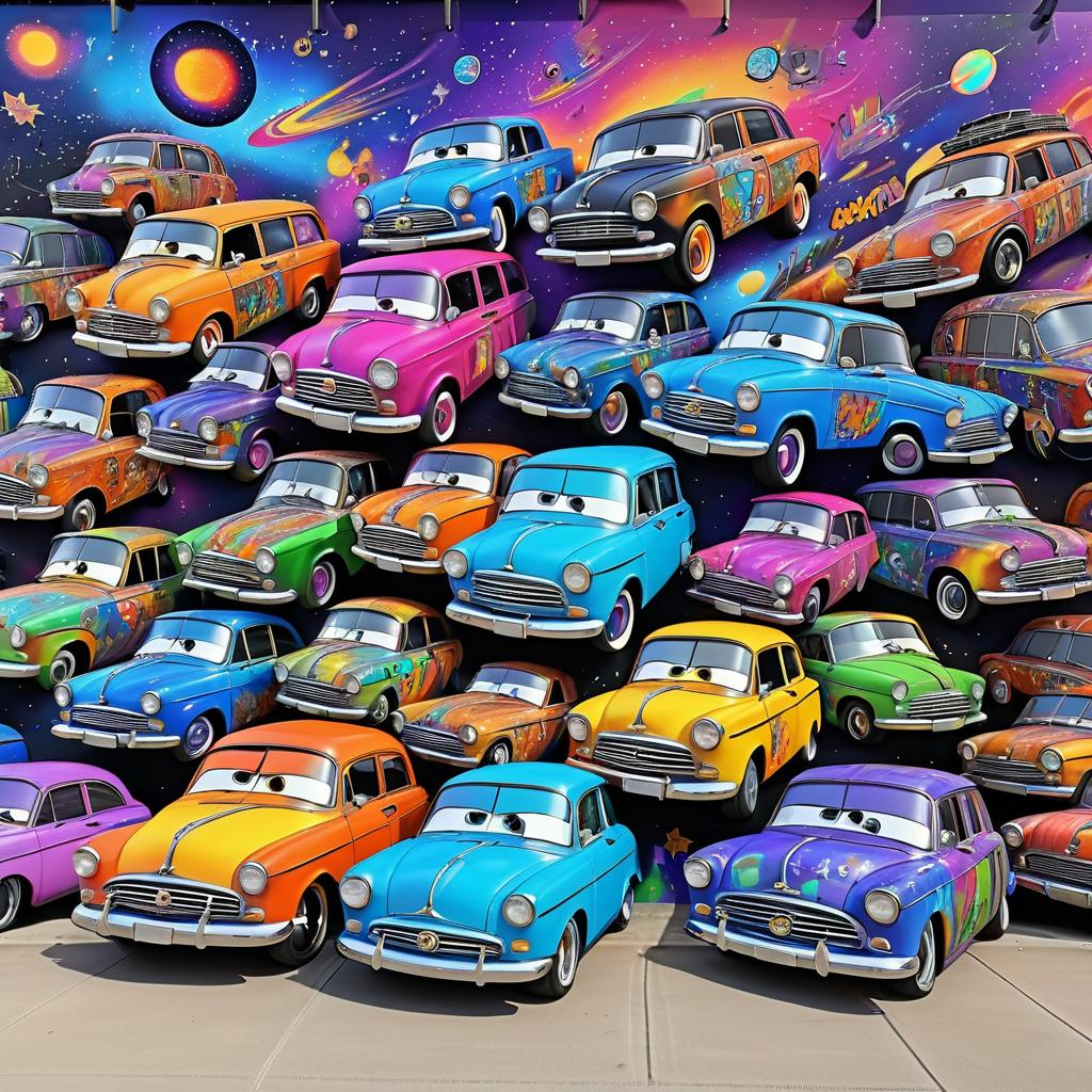 Whimsical Cartoon Vehicles in Cosmic Art