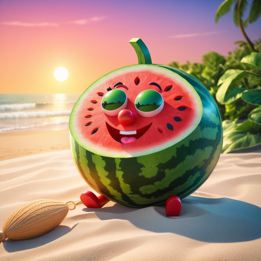 Whimsical Watermelon Beach Scene at Sunset