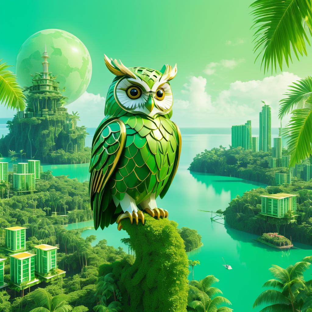 Wise Owl in a Futuristic Paradise