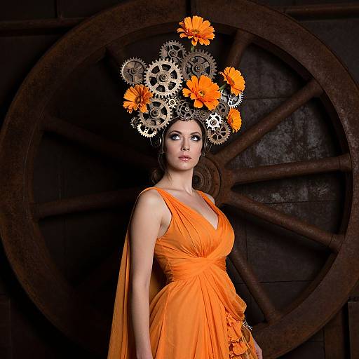 Photograph of a pale-skinned woman in an orange dress, wearing a steampunk-inspired headpiece with gears and orange flowers, standing against a