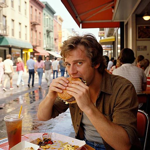 Photograph of a young, brown-haired man with a slightly messy look, wearing a brown shirt, eating a sandwich at an outdoor café on a busy