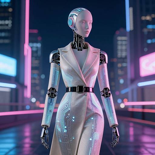 CGI image of a futuristic, metallic female robot in a neon-lit cityscape, wearing a form-fitting, glowing white suit with circuit patterns
