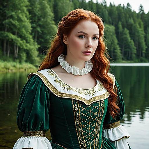 Medieval Woman in Green Renaissance Dress by Lake