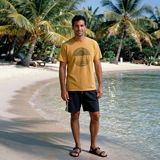 Photograph of a smiling, tan-skinned man with short dark hair, wearing a yellow T-shirt, black shorts, and sandals, standing on a
