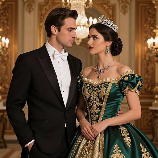 Photorealistic CGI of a handsome man in a black tuxedo and a beautiful woman in an ornate green and gold ball gown, standing in