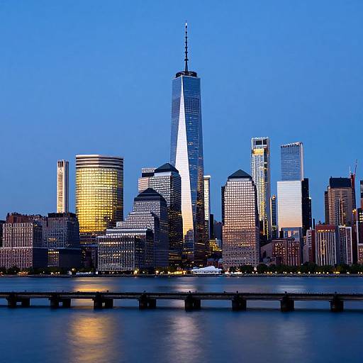 Photograph of New York City skyline at dusk, featuring the illuminated One World Trade Center, surrounded by various lit skyscrapers, with a calm water