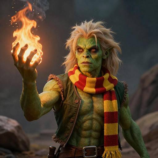 Blazing Green Creature in Rocky Landscape