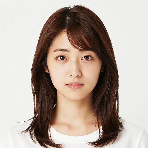 Photograph of a young Asian woman with straight, dark brown hair, fair skin, brown eyes, and a neutral expression, wearing a white shirt,