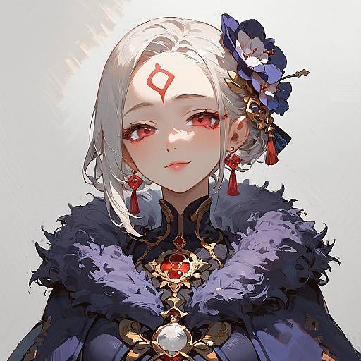 Digital anime-style portrait of a pale-skinned, red-eyed woman with white hair, wearing a dark fur cloak, red gem accessories, and a blue
