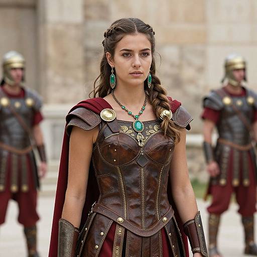 Photograph of a young woman with long brown hair in ancient Roman armor, turquoise necklace, and red cape, surrounded by armored soldiers. Blurred stone