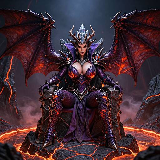 Digital artwork of a fierce, dark-skinned demon queen with large red wings, black armor, glowing red eyes, and large breasts, sitting on a