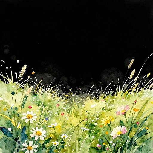 Watercolor painting of a vibrant yellow-green meadow with white daisies, yellow flowers, and green grass against a black background.