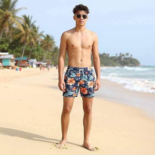 Photograph of a shirtless, tan-skinned young man with short dark hair, wearing sunglasses and blue floral swim trunks, standing on a sunny