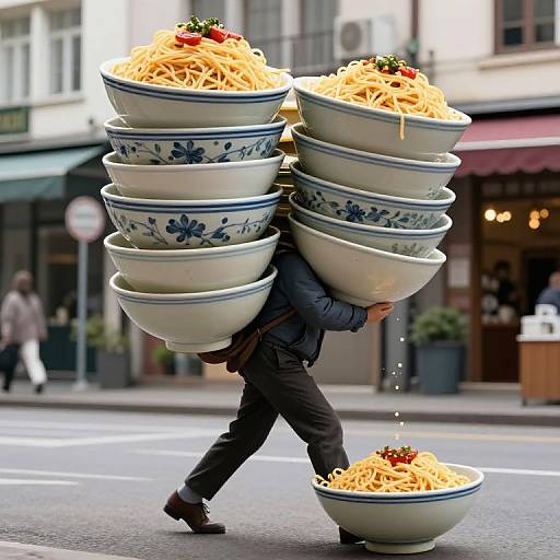 Photograph of a person in dark clothes carrying stacked white bowls with spaghetti and cherry tomatoes on a city street.