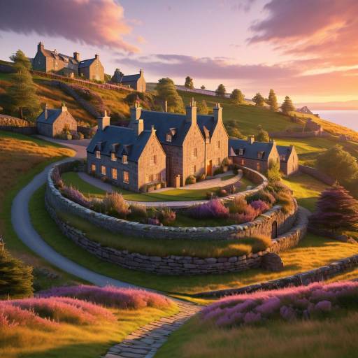 Scottish Whisky Distillery on Scenic Hillside at Sunset