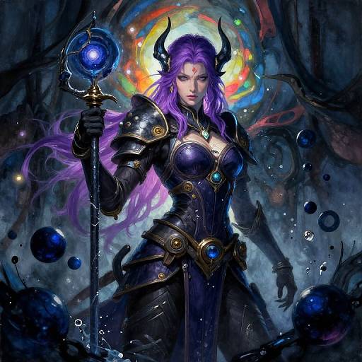 Digital fantasy artwork of a purple-haired demoness with black horns, wearing dark armor, holding a glowing blue orb, surrounded by colorful cosmic energy and floating