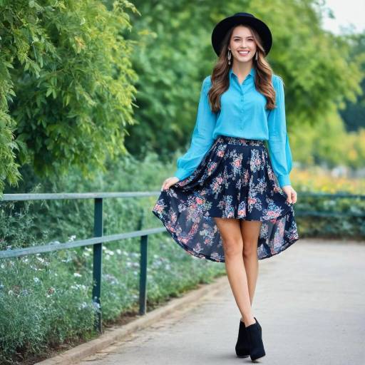 Young Woman in Floral Skirt and Hat Outdoors