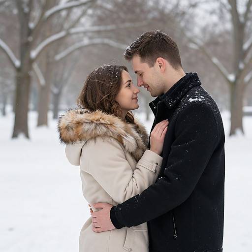 Photograph of a romantic winter couple, she in a white coat with fur hood, he in black coat, embracing closely in a snowy forest.
