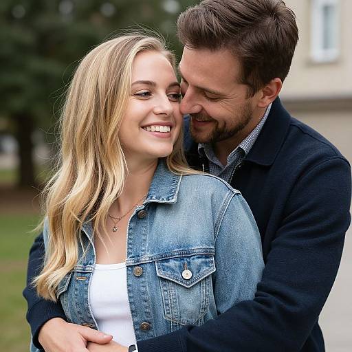 Photograph of a smiling blonde woman in a denim jacket, being lovingly hugged from behind by a bearded man in a dark sweater. Outdoor background