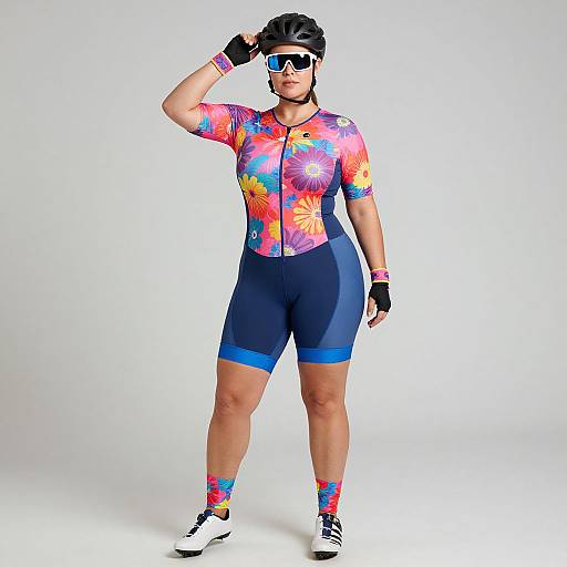 Photograph of a fit woman in colorful, floral-patterned cycling jersey and blue shorts, wearing black gloves, sunglasses, and helmet, standing against a