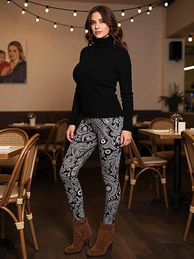 Photograph of a woman with wavy dark hair, wearing a black turtleneck, black and white patterned pants, and brown fringe boots,