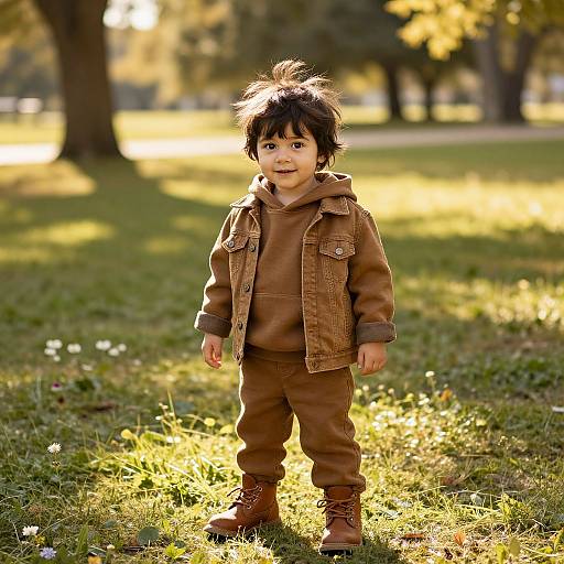 Photograph of a cute toddler with dark, messy hair wearing a brown hoodie, denim jacket, and boots, standing in a sunlit park.