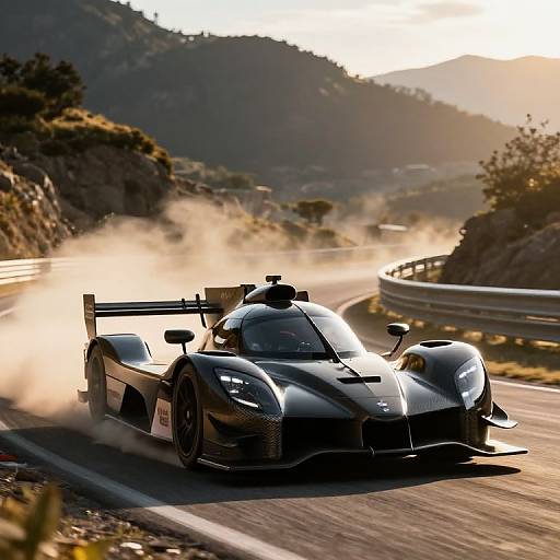 Photograph of a sleek, black, high-performance sports car with a large rear wing, speeding on a mountain road, kicking up dust, under a