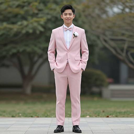Photograph of a young Asian man in a light pink suit, white shirt, black shoes, standing outdoors with hands in pockets.