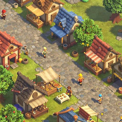 Colorful, top-down, pixel art village market scene with wooden stalls, vibrant characters, and various goods on a cobblestone street. Bright,